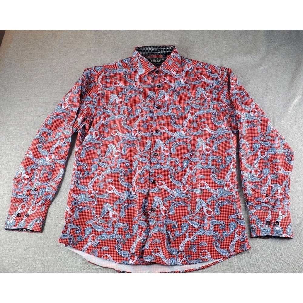 Bespoke Moda Shirt Men Large Red Paisley Button Up Long Sleeve Club Attractive